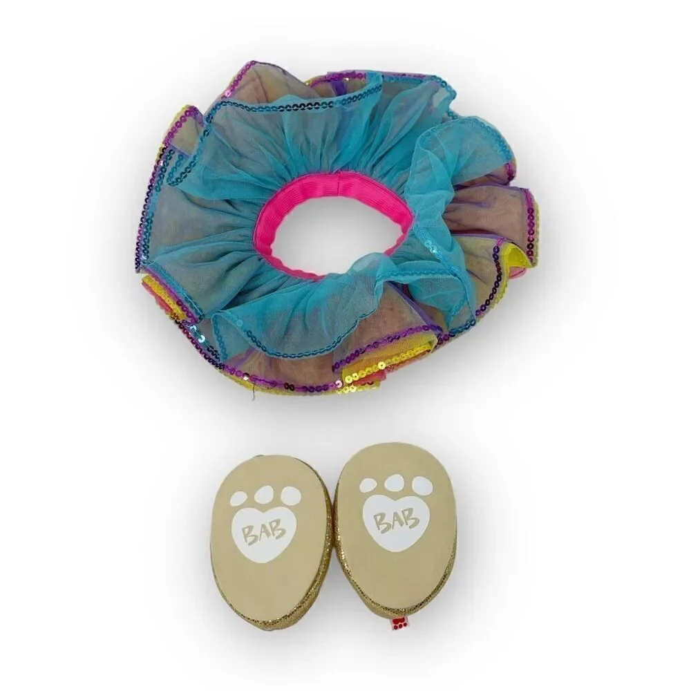 Build A Bear BABW Pastel Rainbow Tutu Reversible & Sequined Gold Glitter Shoes